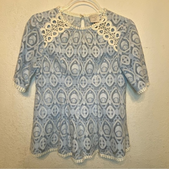 HD in Paris Anthropologie Paris Blue Cream French Lace Peplum Blouse SZ 0 - Picture 2 of 13